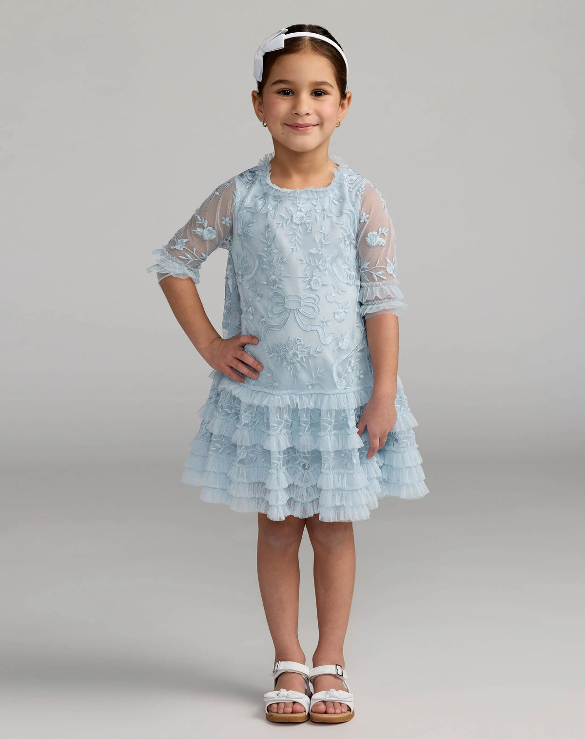 Girls Blue Micro Ruffle Embroidered Mini Dress
