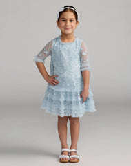 Girls Blue Micro Ruffle Embroidered Mini Dress