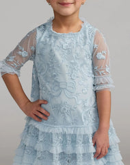 Girls Blue Micro Ruffle Embroidered Mini Dress