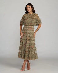 Green Floral Ruffle Midi Dress With Cape