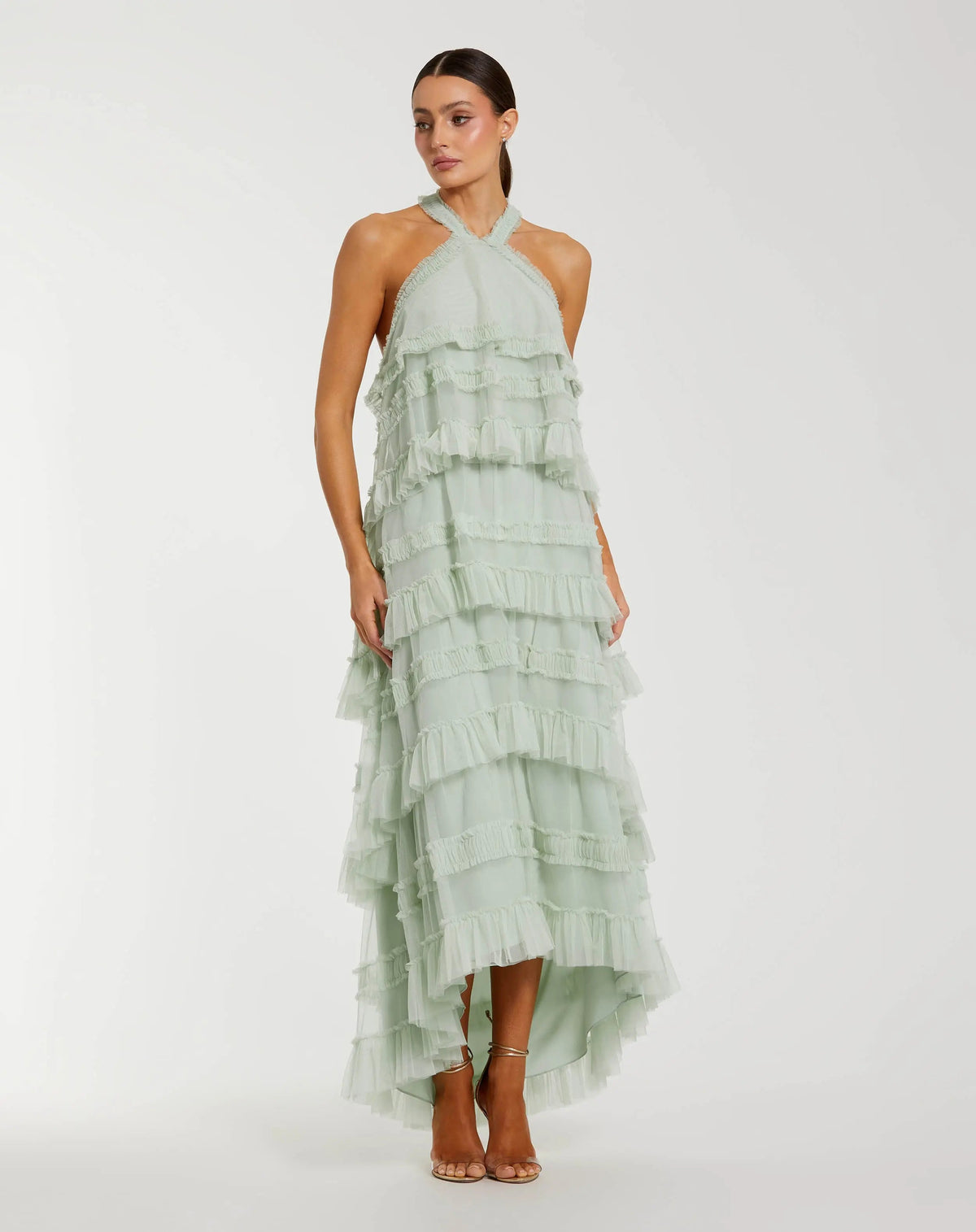 Tiered Ruffle Halter Neck Midi Dress