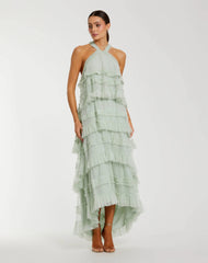 Tiered Ruffle Halter Neck Midi Dress
