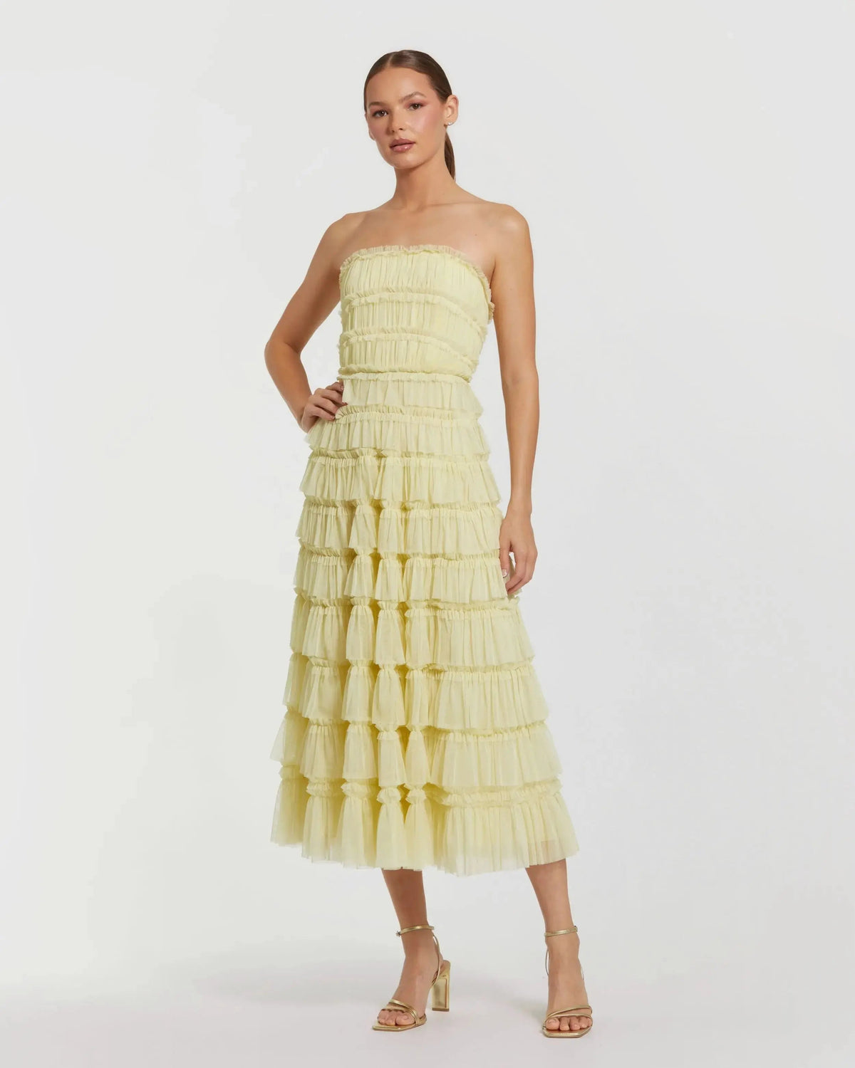 Micro Ruffle Strapless Midi Dress