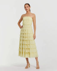 Micro Ruffle Strapless Midi Dress