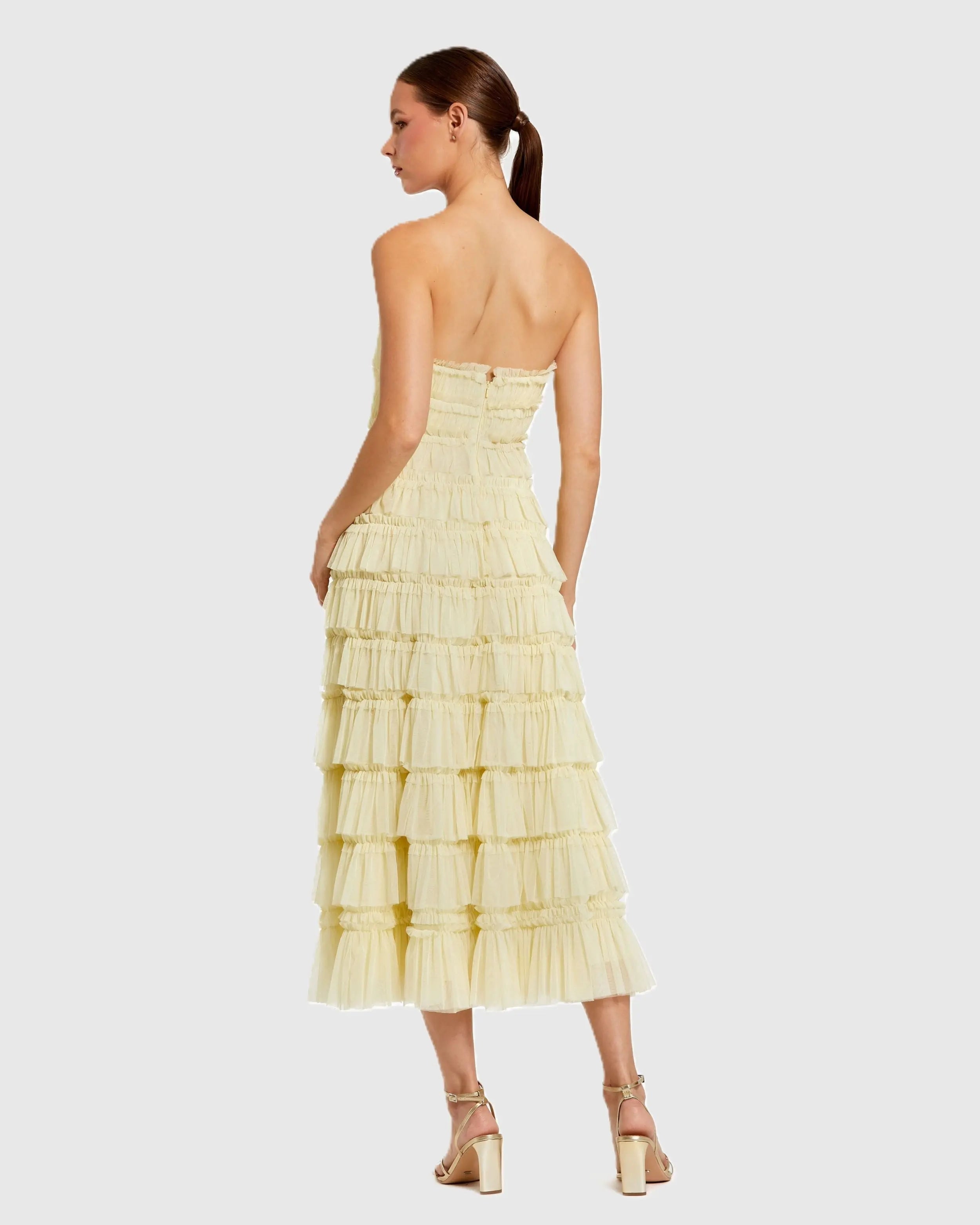 Yellow Micro Ruffle Strapless Midi Dress