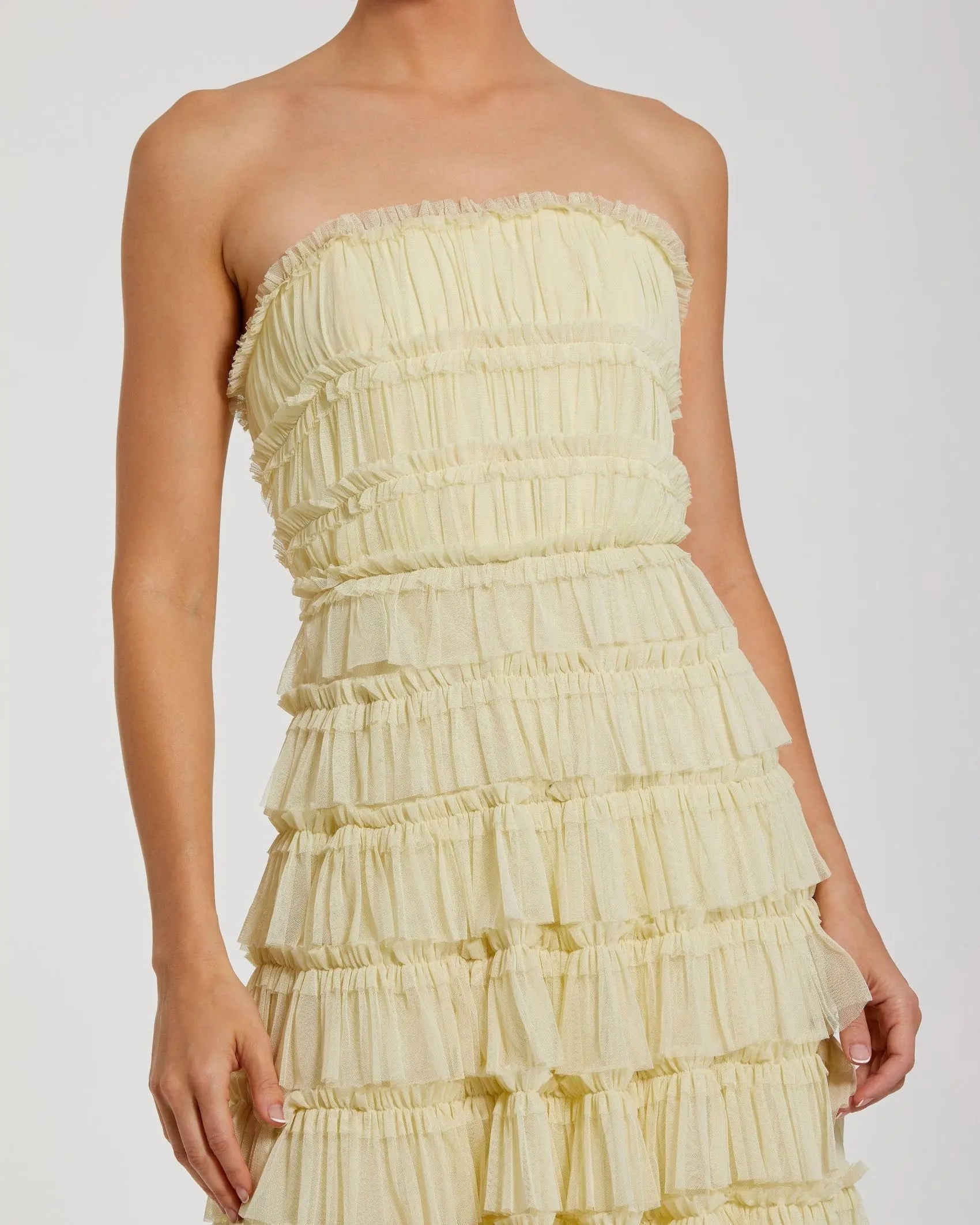 Yellow Micro Ruffle Strapless Midi Dress