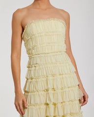 Yellow Micro Ruffle Strapless Midi Dress