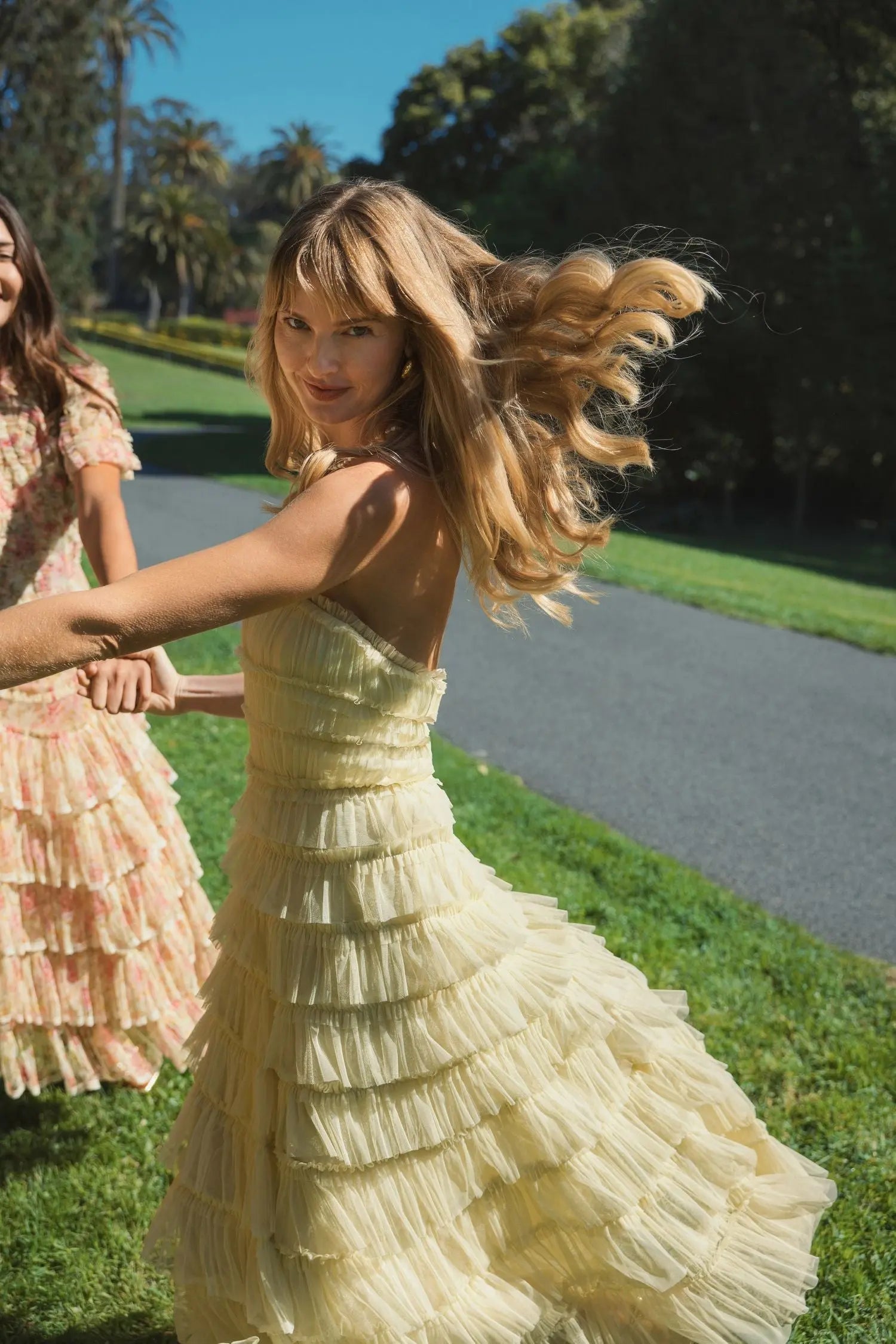 Yellow Micro Ruffle Strapless Midi Dress