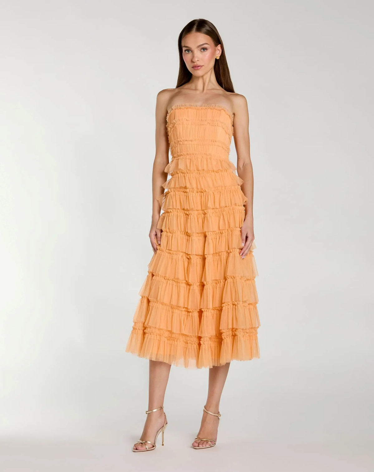 Orange Micro Ruffle Strapless Midi Dress