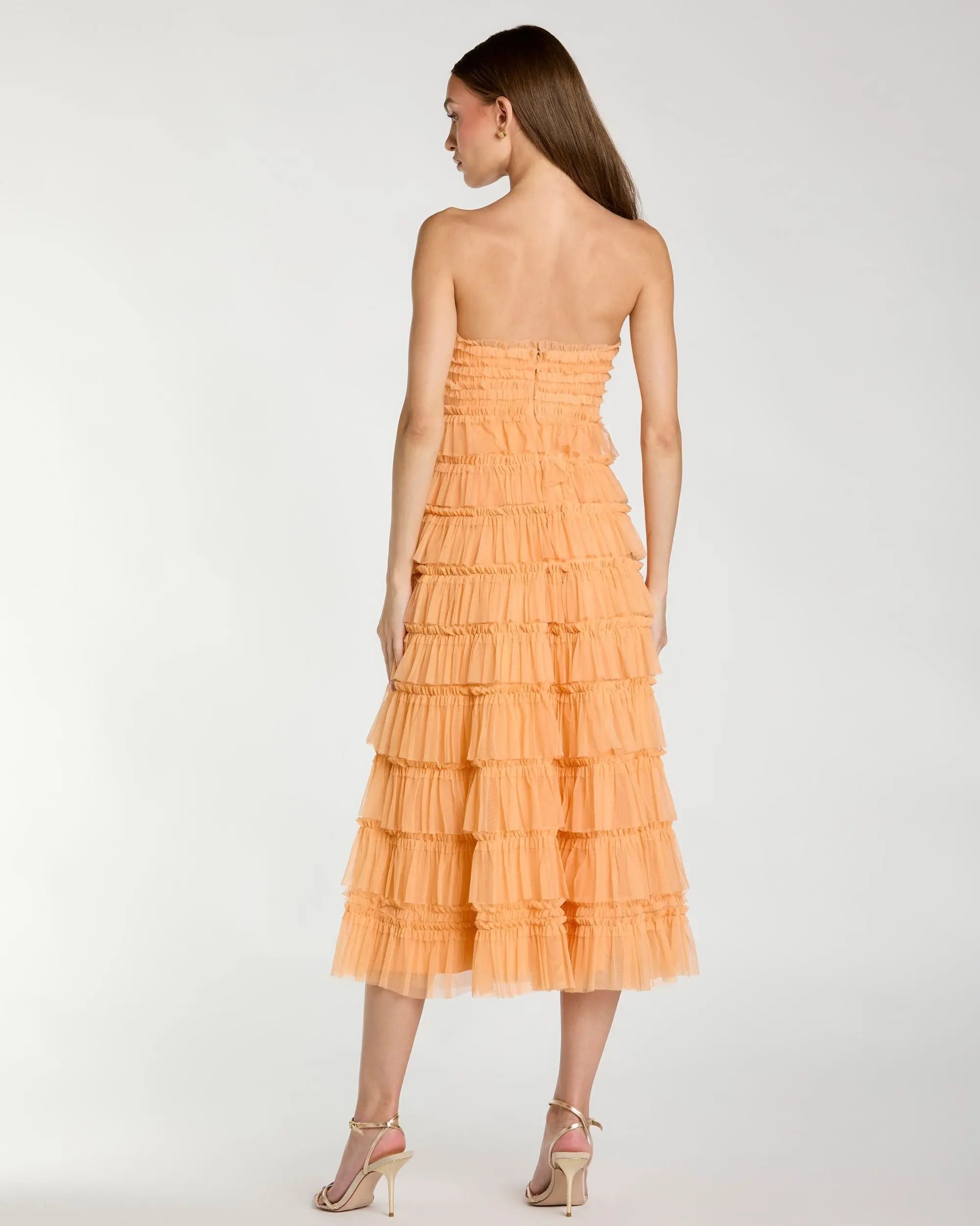 Orange Micro Ruffle Strapless Midi Dress