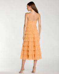 Orange Micro Ruffle Strapless Midi Dress