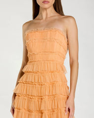 Orange Micro Ruffle Strapless Midi Dress