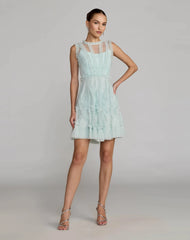 High Neck Sleeveless Micro Ruffle Mini Dress