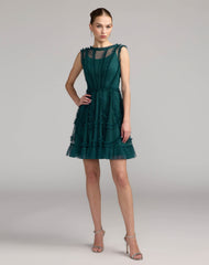 High Neck Sleeveless Micro Ruffle Mini Dress