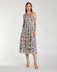 Blue Floral Strapless Ruffle Midi Dress