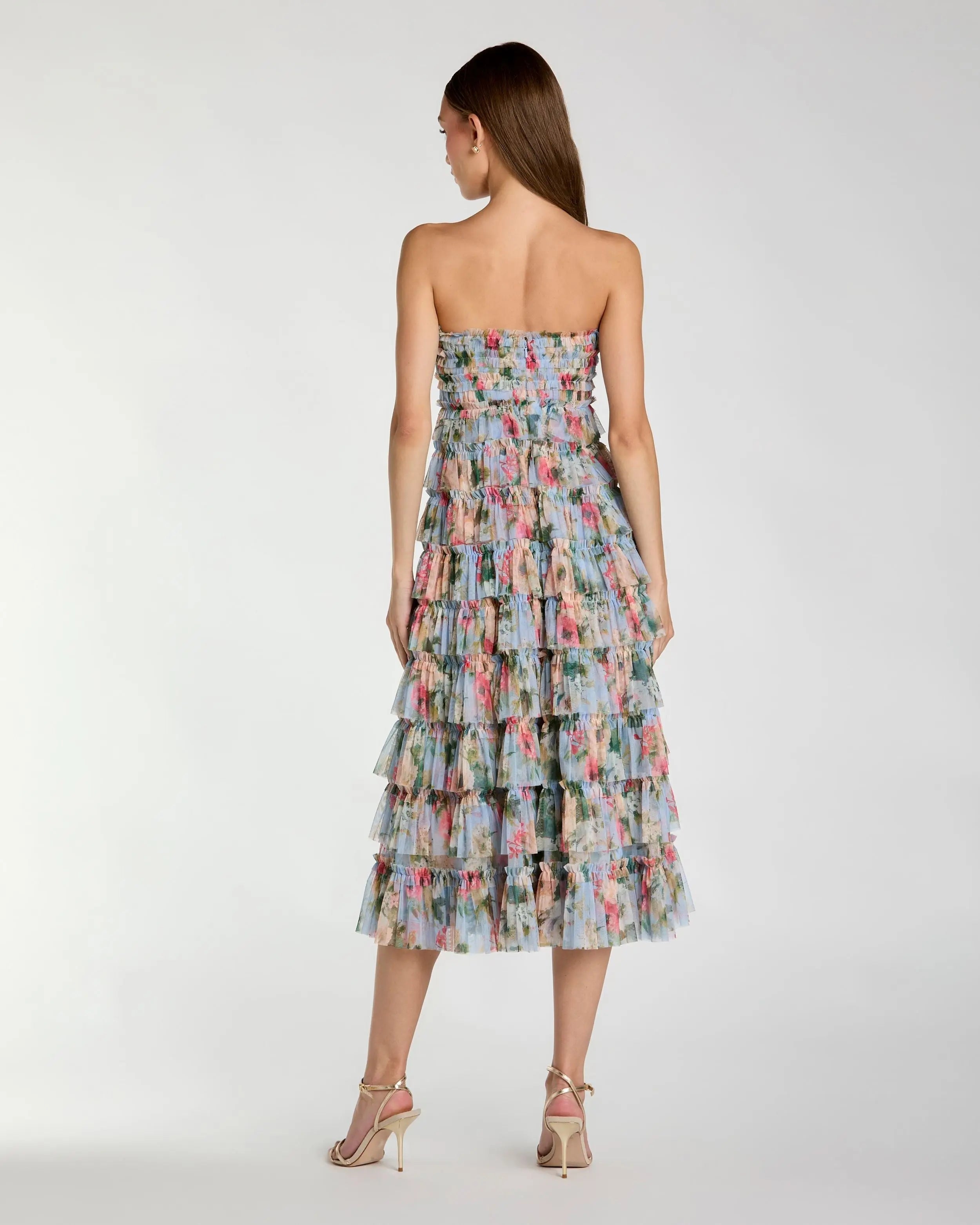 Blue Floral Strapless Ruffle Midi Dress