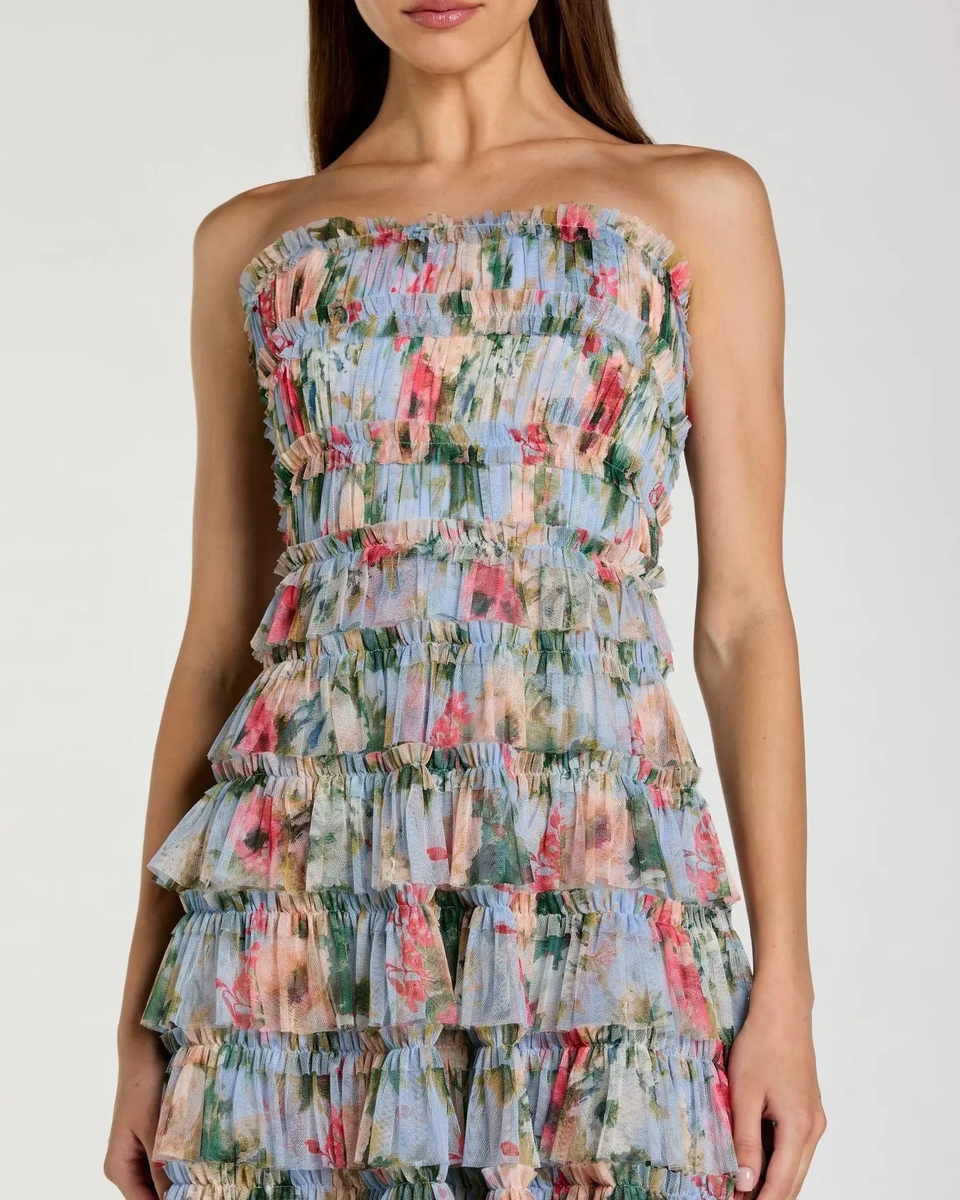 Blue Floral Strapless Ruffle Midi Dress