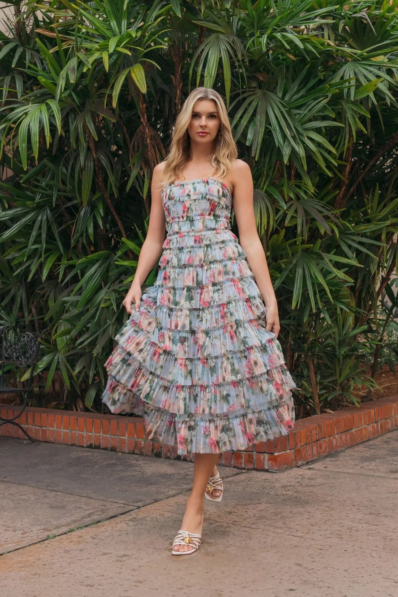 Blue Floral Strapless Ruffle Midi Dress