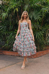 Blue Floral Strapless Ruffle Midi Dress