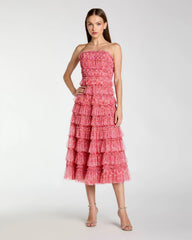 Floral Strapless Ruffle Midi Dress