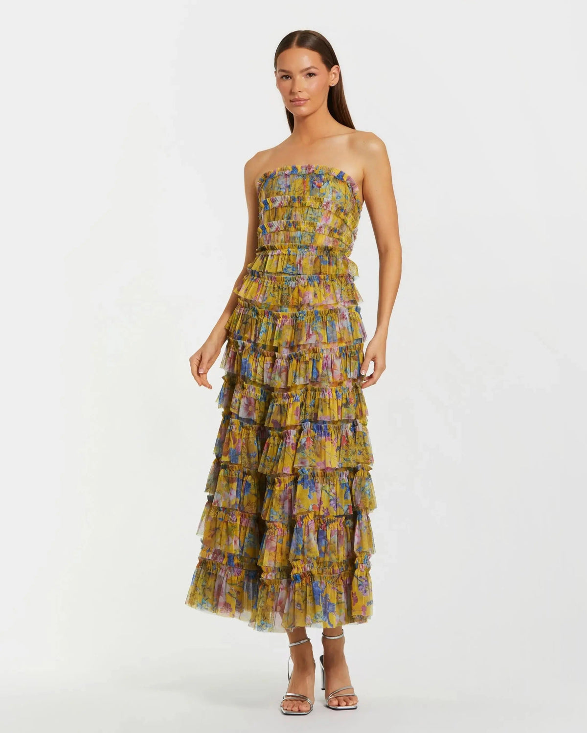 Yellow Floral Strapless Ruffle Midi Dress