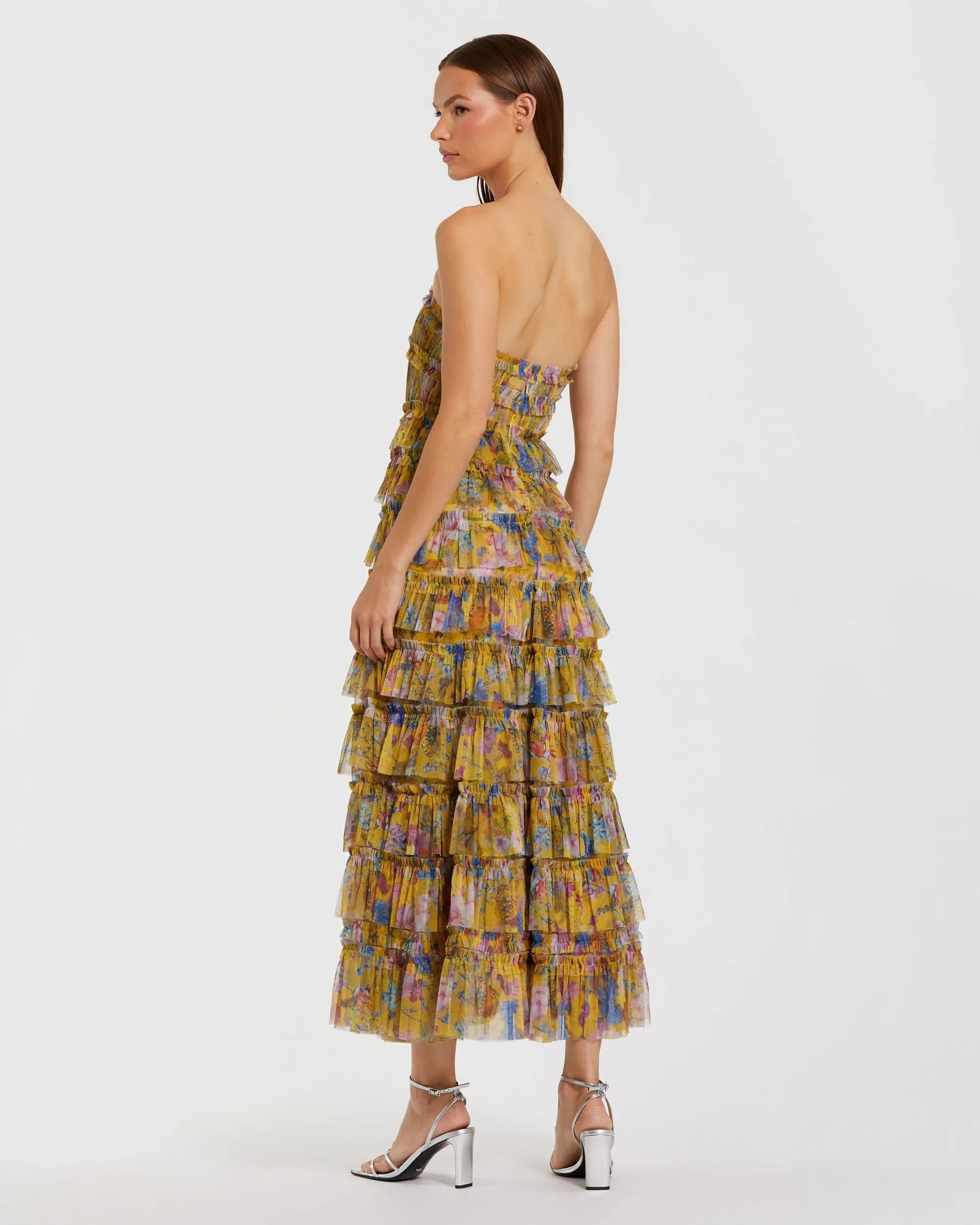 Yellow Floral Strapless Ruffle Midi Dress