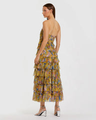Yellow Floral Strapless Ruffle Midi Dress