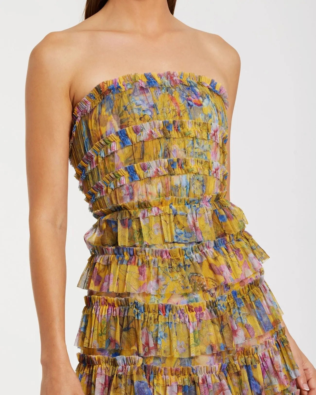 Yellow Floral Strapless Ruffle Midi Dress