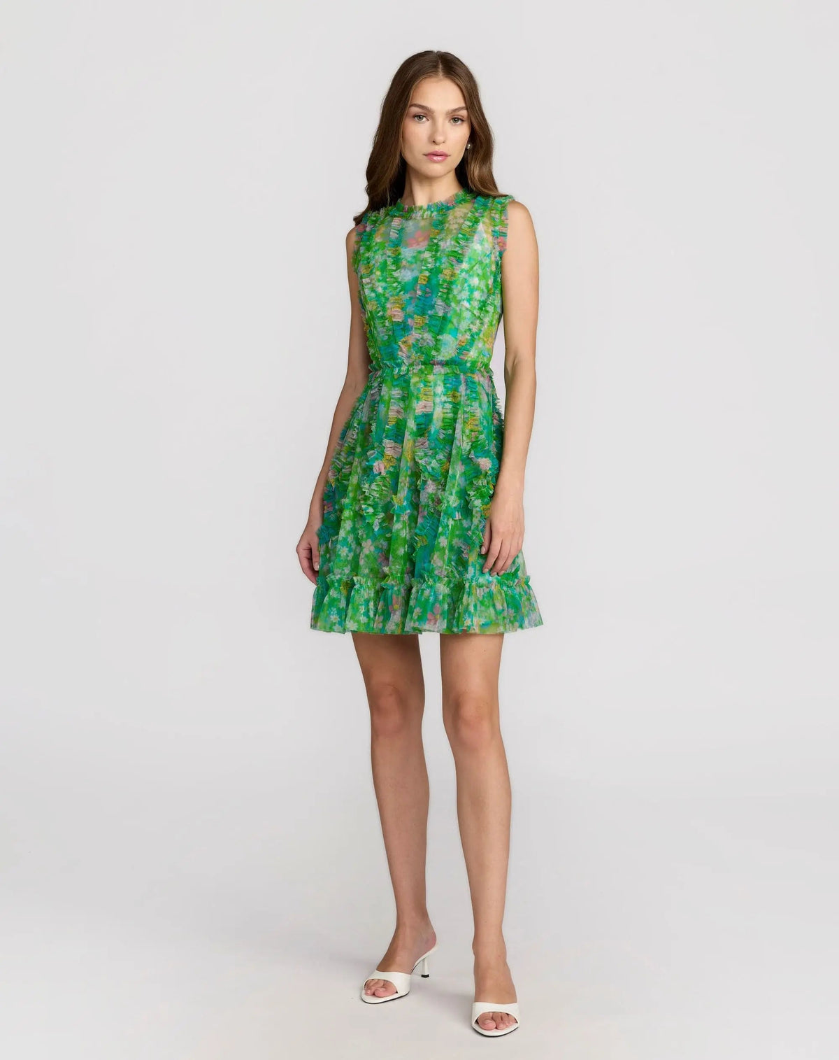 Green Multicolor Micro Ruffle Floral A-Line Mini Dress