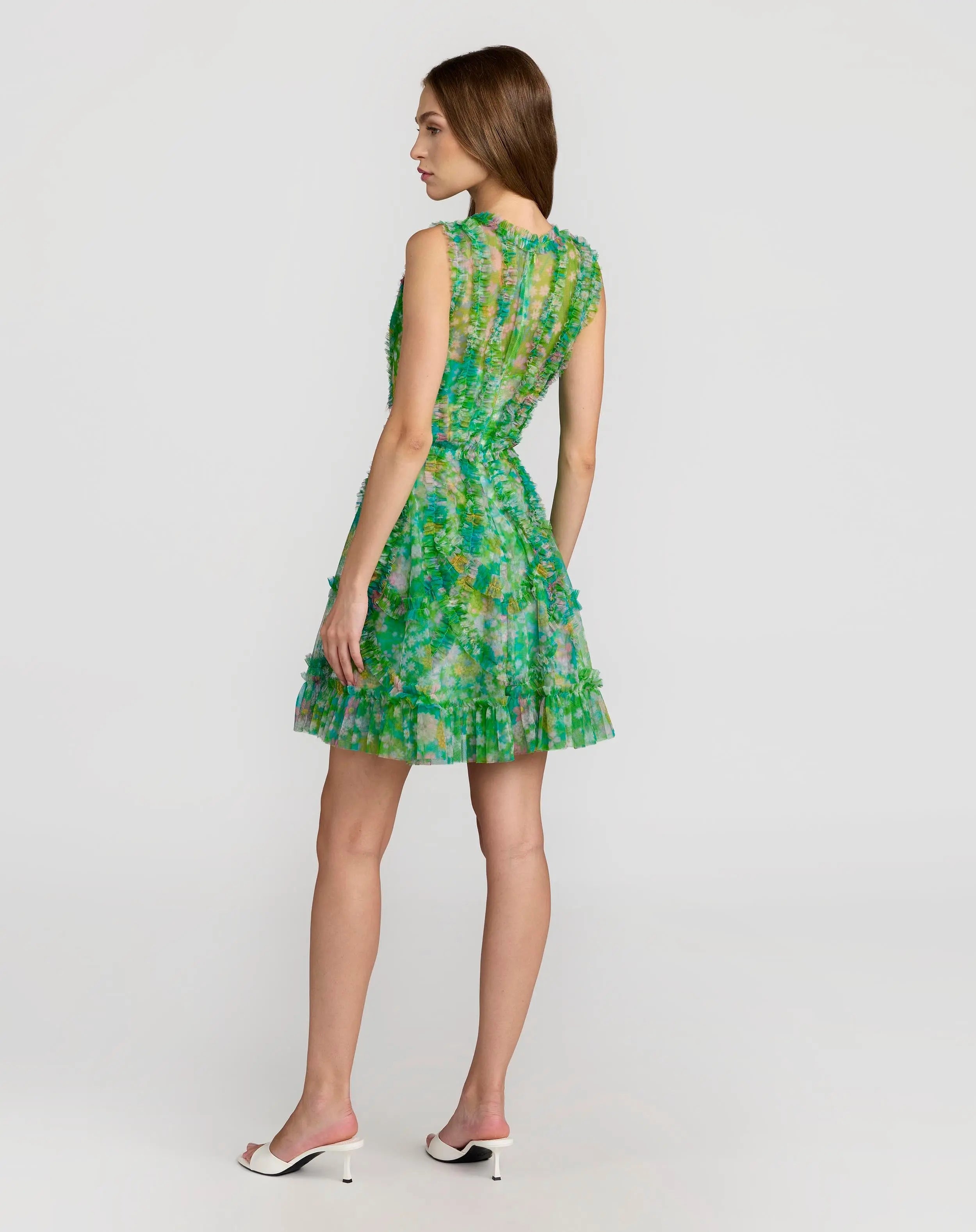 Green Multicolor Micro Ruffle Floral A-Line Mini Dress