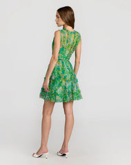 Green Multicolor Micro Ruffle Floral A-Line Mini Dress