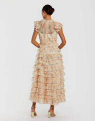 Pink Cap Sleeve Micro Ruffle Floral Midi Dress