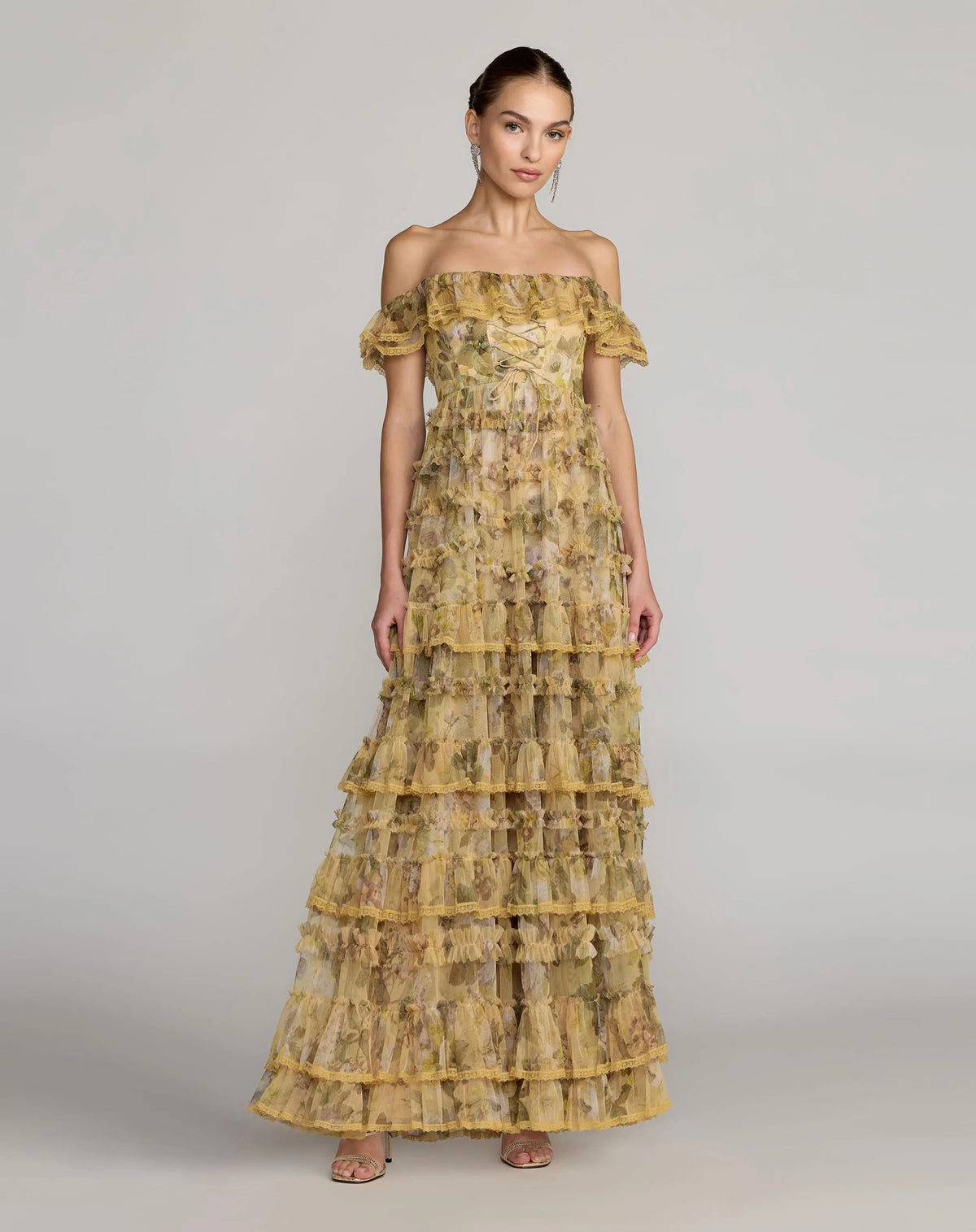 Yellow Floral Off The Shoulder Tiered Gown