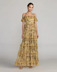 Yellow Floral Off The Shoulder Tiered Gown
