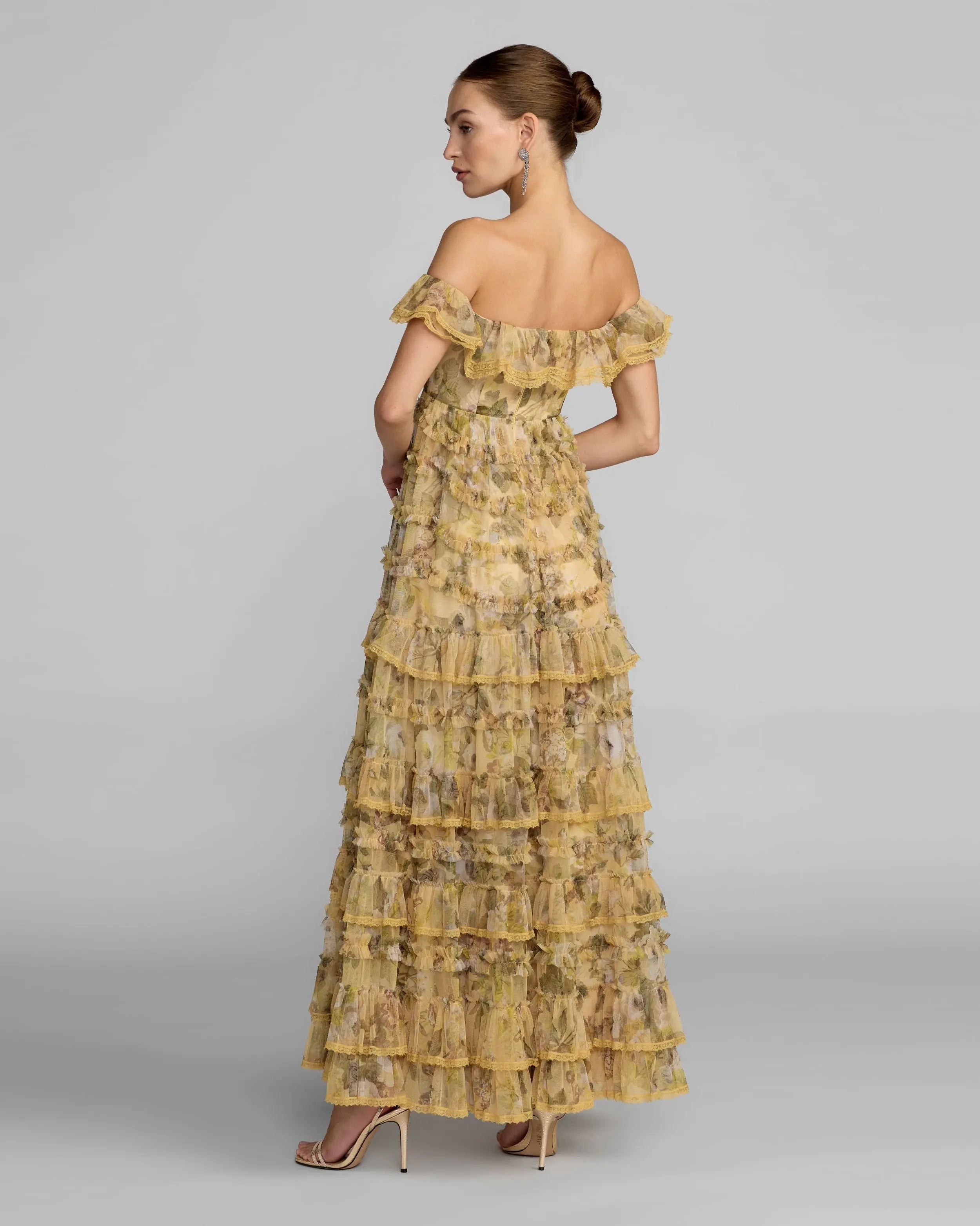Yellow Floral Off The Shoulder Tiered Gown