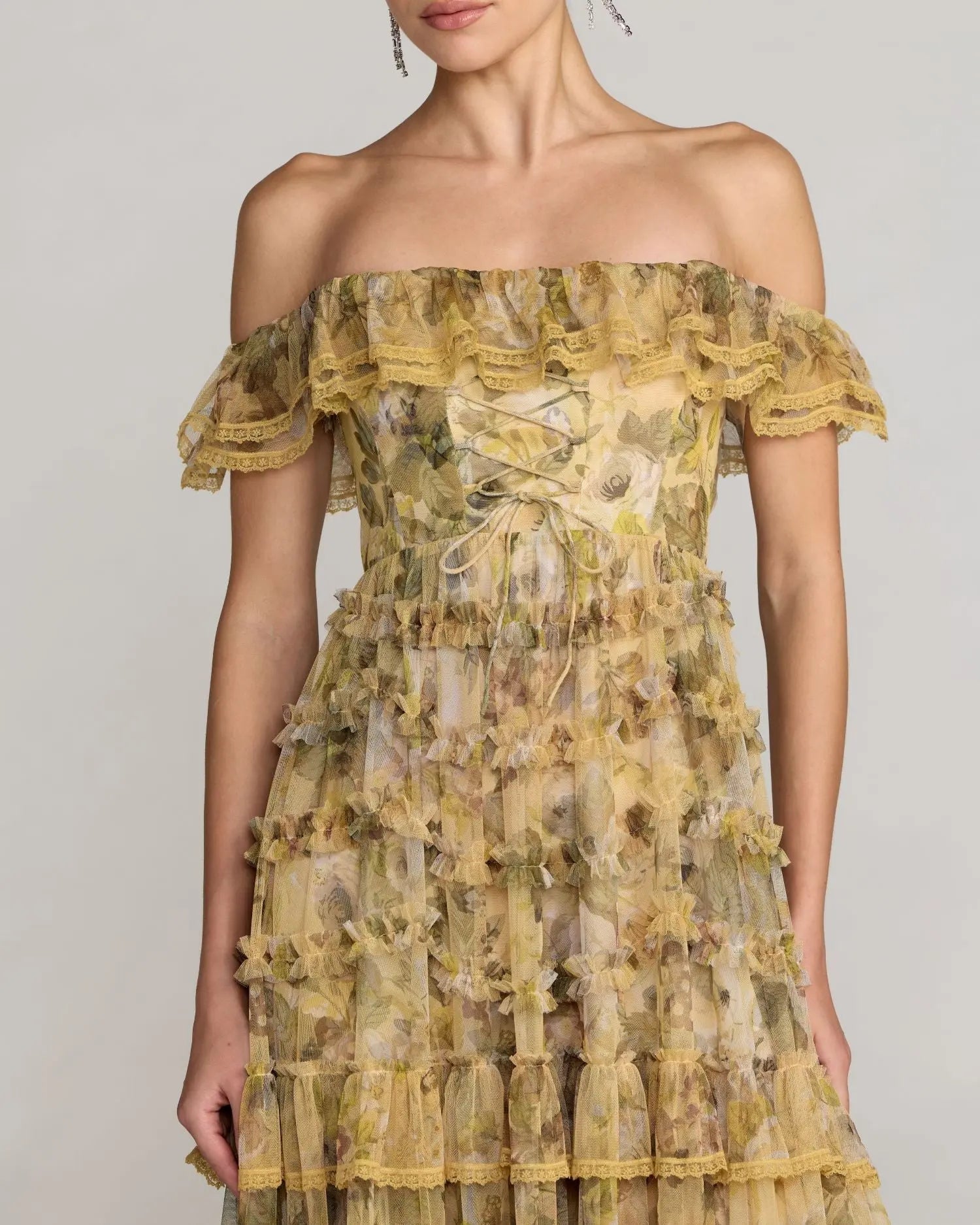 Yellow Floral Off The Shoulder Tiered Gown