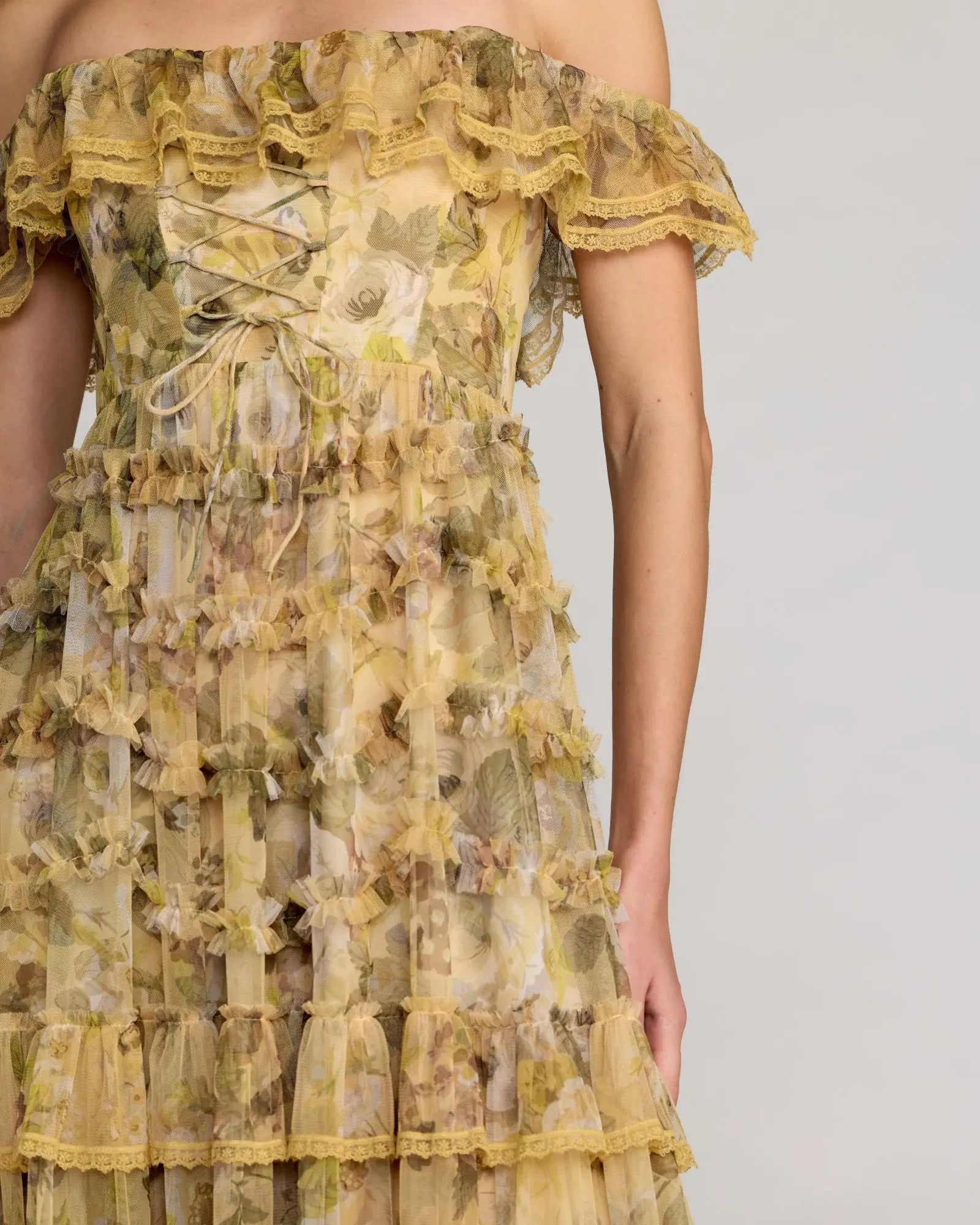 Yellow Floral Off The Shoulder Tiered Gown