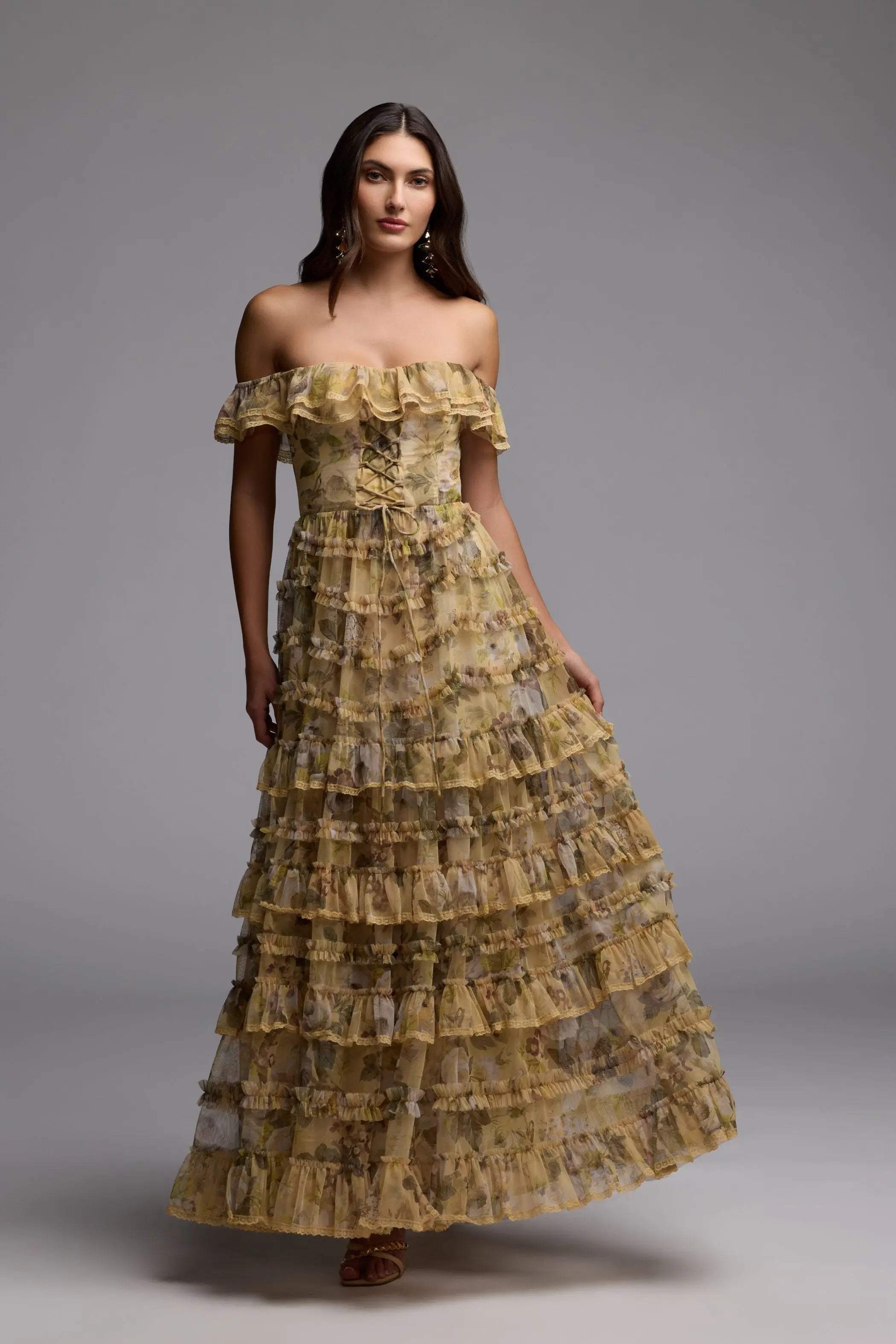 Yellow Floral Off The Shoulder Tiered Gown