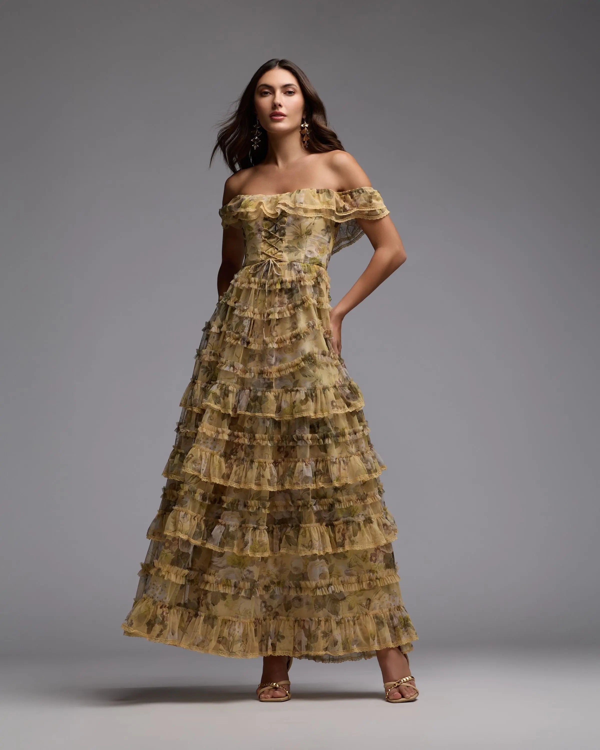 Yellow Floral Off The Shoulder Tiered Gown