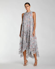 Gray Floral Ruffle High Neck Midi Dress