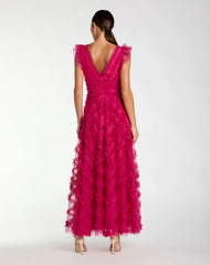 Fuchsia Pink V-Neck Cap Sleeve Ruffle Maxi Dress