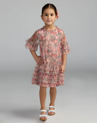 Girls Pink Floral Printed Short Sleeve Ruffle Dress