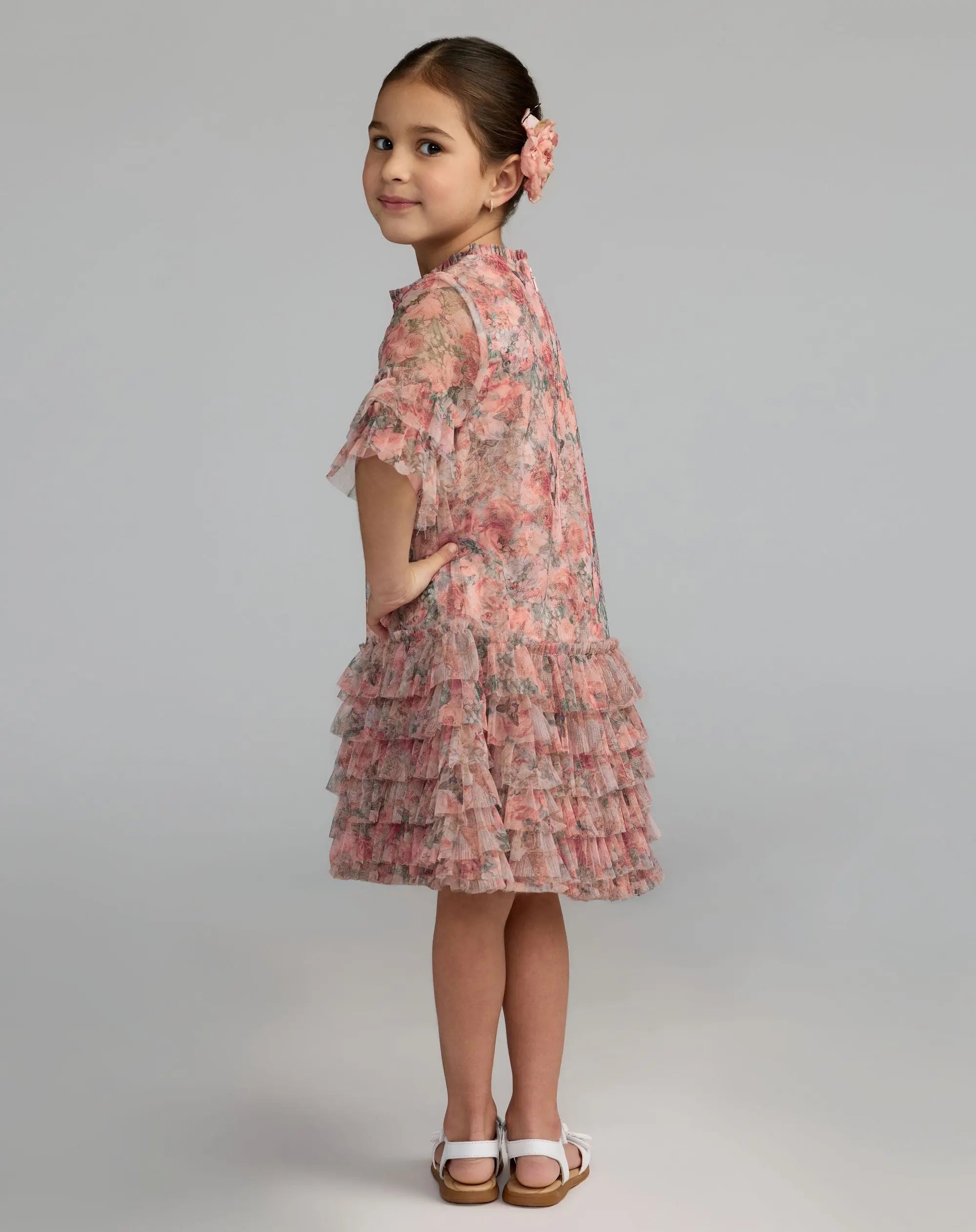 Girls Pink Floral Printed Short Sleeve Ruffle Dress
