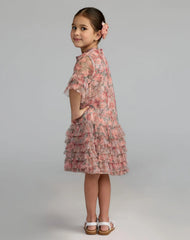 Girls Pink Floral Printed Short Sleeve Ruffle Dress