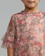 Girls Pink Floral Printed Short Sleeve Ruffle Dress