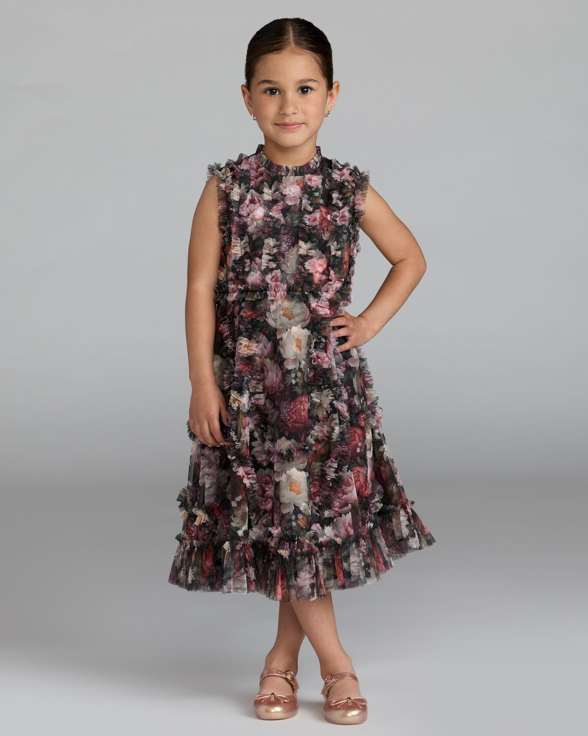 Girls Black Floral High Neck Ruffle Dress