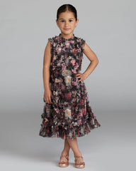Girls Black Floral High Neck Ruffle Dress