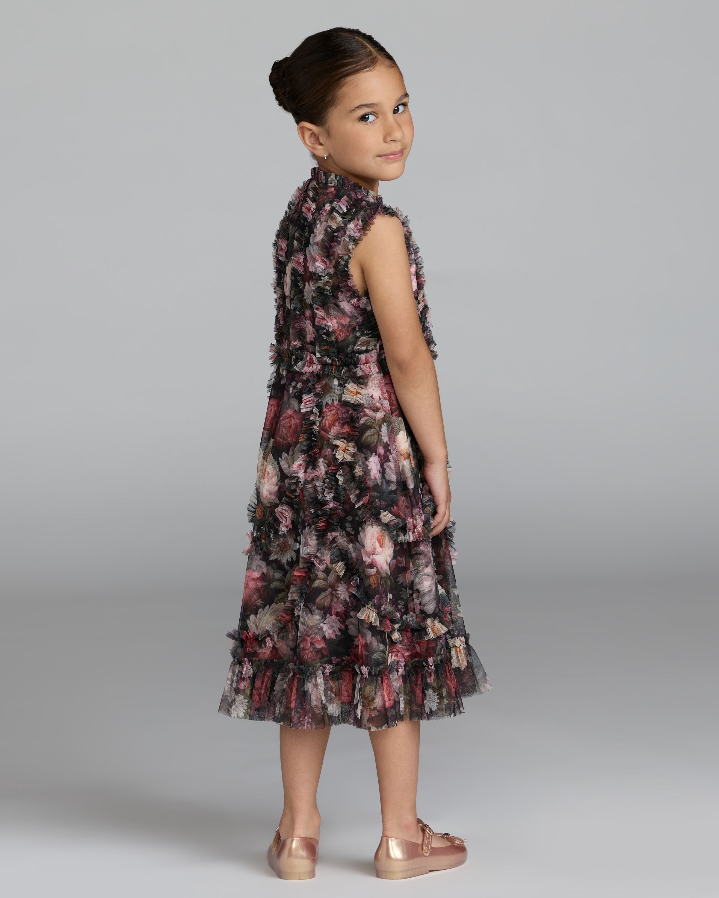 Girls Black Floral High Neck Ruffle Dress