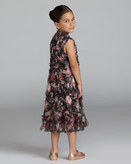 Girls Black Floral High Neck Ruffle Dress