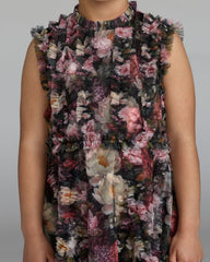 Girls Black Floral High Neck Ruffle Dress